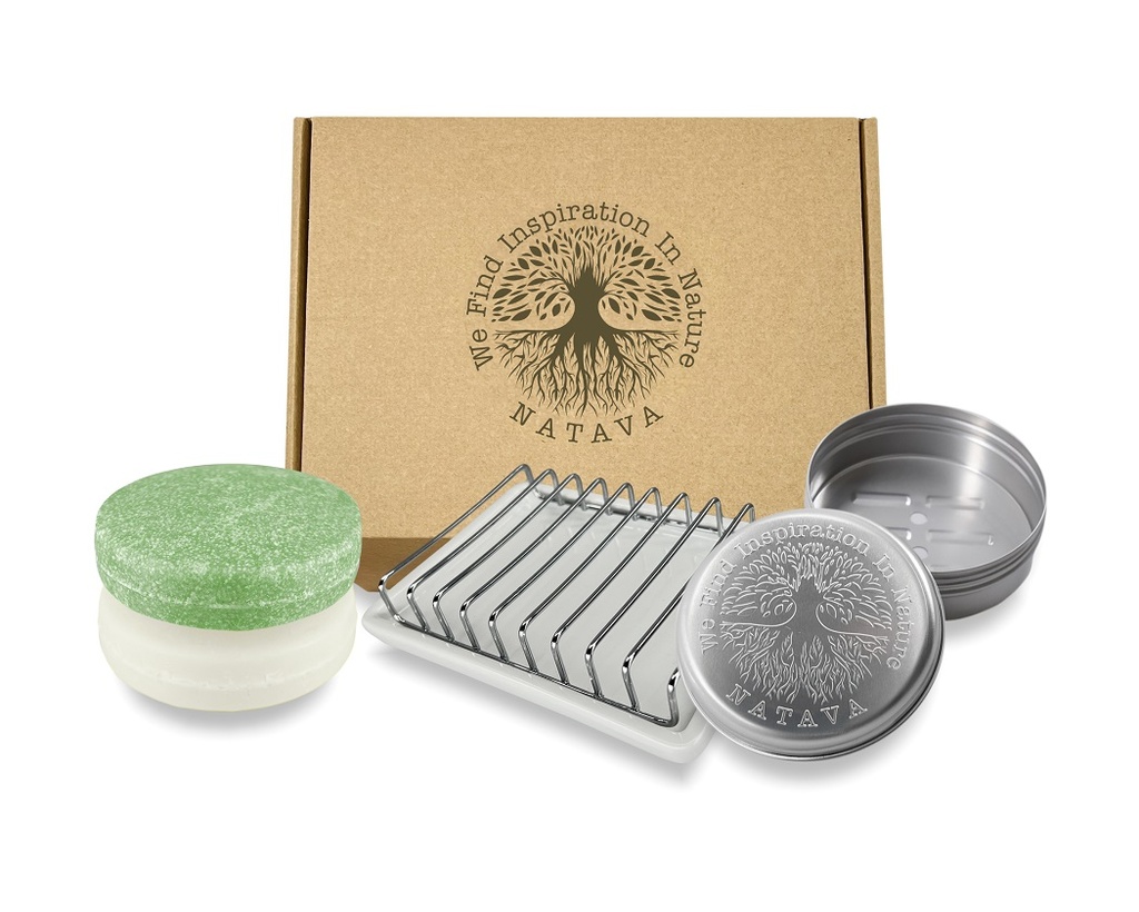 Dárkové balení NATAVA tuhý šampon a balzám Oliva s kovovou mýdlenkou a cestovní kulatou mýdlenkou