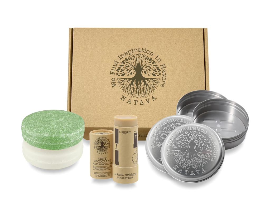 Cestovní balení  šampon a balzám Oliva, deodorant Alpská svěžest, 2 kulaté mýdlenky